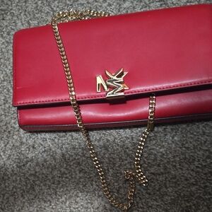 Elegant Red Designer Clutch with Gold Chain